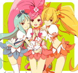 Rule 34 | 10s, 3girls, :d, ;), blonde hair, blue eyes, blue hair, blue skirt, blush, bow, brooch, choker, cure blossom, cure marine, cure sunshine, girl sandwich, green background, grin, hanasaki tsubomi, hand on another&#039;s shoulder, heart, heart brooch, heartcatch precure!, kurumi erika, long hair, looking at viewer, magical girl, meko (2344927), midriff, multiple girls, myoudouin itsuki, navel, one eye closed, open mouth, orange bow, orange skirt, pink bow, pink eyes, pink hair, ponytail, precure, sandwiched, skirt, smile, thighhighs, twintails, very long hair, white legwear, wink, yellow eyes