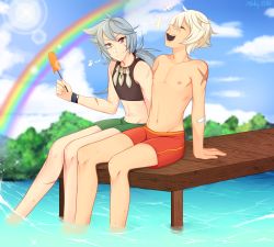 Rule 34 | 2boys, absurdres, bandaid, bandaid on arm, bandaid on face, bandaid on nose, bennett (genshin impact), binder, blurry, blurry background, closed eyes, cloud, crop top, dangling legs, dock, food, from side, genshin impact, green male swimwear, green swim trunks, grey hair, highres, holding, holding food, in water, lake, long hair, looking at another, looking to the side, male swimwear, midriff, multiple boys, navel, open mouth, partially submerged, popsicle, rainbow, razor (genshin impact), red male swimwear, red swim trunks, self-upload, sitting, smile, spooky-dollie, swim trunks, swimsuit, topless, topless male, water