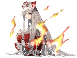 Rule 34 | 1girl, :|, baggy pants, blunt bangs, bow, bright pupils, closed mouth, collared shirt, commentary, fire, from side, fujiwara no mokou, full body, grey hair, hair bow, hand on arm, highres, long hair, long sleeves, looking at viewer, nanataru10, one-hour drawing challenge, pants, ponytail, red bow, red eyes, red footwear, red pants, shirt, shoes, socks, solo, squatting, suspenders, touhou, two-tone bow, very long hair, white background, white bow, white pupils, white shirt, white socks