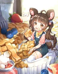Rule 34 | &gt;o&lt;, 1girl, ahoge, animal ear fluff, animal ears, apple pie, bad id, bad pixiv id, blueberry, brown eyes, brown hair, child, commentary, eating, food, food on body, food on clothes, food on face, food on legs, fork, fruit, full body, holding, holding food, lerome, long hair, looking at viewer, mini person, minigirl, mouse (animal), mouse ears, neckerchief, open mouth, original, overalls, pie, seiza, short sleeves, sitting, solo focus, strawberry, tail, thighhighs, twintails, twitter username, very long hair, white thighhighs, wristband, yellow neckerchief