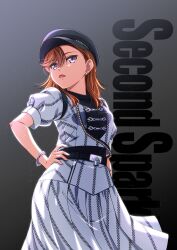 Rule 34 | 1girl, belt, black belt, commentary request, contrapposto, dress, earrings, english text, gradient background, hand on own hip, highres, jewelry, looking at viewer, love live!, love live! superstar!!, medium hair, musashiya chougenbou, open mouth, orange hair, purple eyes, second sparkle, shibuya kanon, short sleeves, single earring, solo, song name, standing, upper body, white dress