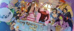Rule 34 | 2girls, 6+boys, aged down, animal ears, baby 5, birthday cake, black coat, black dress, black hair, blonde hair, blue hair, box, bread, brown hair, buck teeth, buffalo (one piece), cake, cigarette, closed mouth, coat, confetti, cup, dated, dellinger (one piece), diamante, dog, donquixote doflamingo, donquixote rocinante, dress, drinking glass, english text, feather coat, fire, food, gift, gift box, giolla, gladius (one piece), hand on own hip, happy birthday, hat, heart, heart print, highres, holding, holding cup, holding gift, indoors, lao g, long hair, machvise, makeup, multicolored hair, multiple boys, multiple girls, muscular, muscular male, necktie, one piece, open mouth, peaked cap, pica, pink coat, rabbit ears, red necktie, red shirt, senor pink, shirt, smile, sunglasses, table, teeth, toasting (gesture), trafalgar law, trebol, two-tone hair, ususmomo, white headwear, wine glass