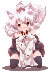 Rule 34 | 1girl, animal ears, blush, breasts, detached sleeves, female focus, full body, hat, inubashiri momiji, kneeling, kuromiya, leash, mouth hold, red eyes, short hair, silver hair, simple background, solo, tail, thighhighs, tokin hat, touhou, white background, wolf ears, wolf tail