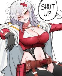 Rule 34 | 1girl, belt, belt pouch, black gloves, black leotard, blush, breasts, chaps, cleavage, clenched teeth, clothing cutout, coat, coat on shoulders, cropped jacket, dog tags, gloves, goddess of victory: nikke, grey hair, hair ornament, hairclip, highres, jacket, kessu ir, large breasts, leotard, long hair, messy hair, midriff, navel cutout, one eye closed, pouch, red jacket, scar, scar on stomach, sharp teeth, simple background, sitting, solo, speech bubble, stomach cutout, teeth, white background, white coat, yellow eyes, yulha (nikke)