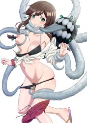 Rule 34 | 1girl, abyssal ship, bikini, black bikini, braid, breasts, brown hair, enemy naval mine (kancolle), female pubic hair, green eyes, highres, kantai collection, large breasts, mikan 29344886, navel, nipples, noshiro (kancolle), official alternate costume, pubic hair, red skirt, skirt, swept bangs, swimsuit, tentacles, twin braids
