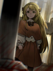 Rule 34 | 1girl, blonde hair, blood, bow, brown bow, brown hairband, brown pantyhose, capelet, cowboy shot, green eyes, hair bow, hairband, highres, hydraulic press, indoors, laboratory, lobotomy corporation, long hair, long sleeves, looking at viewer, na-gyou (nunumaru), orange capelet, orange skirt, pantyhose, parted lips, project moon, puffy long sleeves, puffy sleeves, shirt, sidelocks, skirt, solo, tiphereth a (project moon), very long hair, white shirt