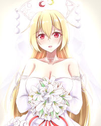 Rule 34 | 1girl, :d, alternate costume, bad id, bad pixiv id, bare shoulders, blonde hair, blush, bouquet, breasts, bridal veil, cleavage, collarbone, commentary request, crescent, diamond (gemstone), dress, elbow gloves, flower, gloves, hair between eyes, headpiece, highres, holding, holding bouquet, jewelry, junko (touhou), lace, lace-trimmed gloves, lace trim, large breasts, lily (flower), long hair, looking at viewer, musteflott419, necklace, open mouth, red eyes, smile, solo, strapless, strapless dress, touhou, upper body, veil, very long hair, wedding dress, white dress, white gloves