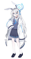 Rule 34 | 1girl, absurdres, animal ears, black choker, black footwear, blue archive, blue eyes, blue halo, blue necktie, blue skirt, choker, coat, collared shirt, commentary request, fake animal ears, full body, grey hair, hair between eyes, hair ornament, halo, highres, holding, holding tablet pc, loafers, long bangs, long hair, necktie, off shoulder, open clothes, open coat, original, pantyhose, parted lips, pleated skirt, rabbit ears, shirt, shoes, simple background, skirt, sleeves past fingers, sleeves past wrists, solo, standing, tablet pc, white background, white coat, white pantyhose, yume (454565427)