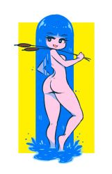 Rule 34 | 1girl, absurdly long hair, akairiot, ass, blue eyes, blue hair, blunt bangs, breasts, cattail, completely nude, contrapposto, from behind, full body, holding, holding plant, kelda (akairiot), liquid hair, long hair, looking back, nude, open mouth, original, over shoulder, plant, smile, solo, very long hair, water