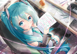 Rule 34 | 1girl, aqua eyes, aqua hair, chair, daidou (demitasse), desk, detached sleeves, from above, hatsune miku, headset, keyboard, long hair, looking at viewer, nail polish, necktie, paper, pen, sitting, skirt, solo, thighhighs, twintails, very long hair, vocaloid