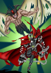 Rule 34 | 2boys, cape, chain, claws, crossover, demon, demon wings, devilman, devilman (character), glowing, glowing eyes, green eyes, gun, head wings, highres, holding, holding gun, holding weapon, image comics, kyuhri miyazato, male focus, mask, multiple boys, skull, spawn, spawn (spawn), spikes, superhero costume, tail, weapon, wings
