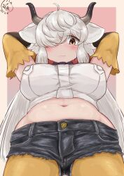 Rule 34 | 1girl, ahoge, animal ears, arms behind head, arms up, belly, black horns, black shorts, blush, border, bow, bowtie, breasts, buttons, closed mouth, cosplay, cowboy shot, cropped shirt, denim, denim shorts, elbow gloves, embarrassed, from below, fur collar, gloves, grey horns, hair over one eye, highres, horns, kemono friends, large breasts, long hair, looking at viewer, looking down, maned wolf (kemono friends), maned wolf (kemono friends) (cosplay), midriff, multicolored horns, navel, outside border, ox ears, ox horns, pantyhose, pantyhose under shorts, shirt, short shorts, shorts, solo, stomach, tsuppushi, very long hair, wavy mouth, white border, white hair, white shirt, yak (kemono friends), yellow eyes