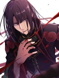 Rule 34 | 1boy, absurdres, black coat, black hair, blood, blood on mouth, changpao, chinese clothes, coat, curtained hair, fate/grand order, fate (series), gold trim, hair between eyes, high collar, highres, long hair, long sleeves, male focus, morita yuu, open mouth, purple eyes, red trim, solo, tai gong wang (fate)