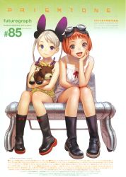 Rule 34 | 00s, 2girls, alvis hamilton, bare shoulders, blonde hair, blue eyes, blunt bangs, bob cut, boots, dress, futuregraph, goat, goggles, goggles on head, grey eyes, hair ornament, hairband, highres, knee boots, last exile, lavie head, legs, long hair, multiple girls, murata range, official art, open mouth, red hair, scan, short hair, simple background, sitting, skirt, smile, stuffed animal, stuffed toy, tongue, twintails, white dress, yellow dress, yellow skirt