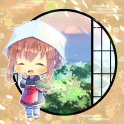 Rule 34 | 1girl, :d, ^ ^, alternate costume, apron, blue kimono, blue pants, blush, bowl, brown footwear, brown hair, checkered background, closed eyes, commission, egasumi, facing viewer, hair between eyes, hand up, hat, holding, holding bowl, inazuma (kancolle), japanese clothes, kantai collection, kimono, kou hiyoyo, long sleeves, looking at viewer, open mouth, pants, red apron, round window, sandals, sidelocks, smile, solo, white hat, white legwear, window, zouri