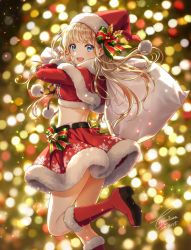Rule 34 | 1girl, :d, bag, bell, blonde hair, blue eyes, blurry, blurry background, blush, bokeh, boots, breasts, capelet, christmas, dated, depth of field, floating hair, from side, fur-trimmed boots, fur trim, gift, gloves, hat, holding, holding bag, jingle bell, knee boots, leg up, long hair, looking at viewer, looking back, medium breasts, miniskirt, morikura en, open mouth, original, pom pom (clothes), sack, santa boots, santa costume, santa gloves, santa hat, sidelocks, signature, skirt, smile, solo, standing