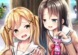 Rule 34 | 10s, 4girls, arm up, bang dream!, behind tree, black hair, blonde hair, blush, bush, charm (object), commentary request, day, formal, getsuyou yasumi, green eyes, hair ornament, hairclip, hiding, highres, holding charm, ichigaya arisa, long hair, long sleeves, looking at another, looking at viewer, lower teeth only, multiple girls, neck ribbon, okusawa misaki, open mouth, outdoors, peeking out, red neckwear, ribbon, sailor collar, school uniform, short hair, suit, suits (bang dream!), sunglasses, teeth, twintails, two side up, upper body, wavy mouth, x hair ornament, yellow eyes