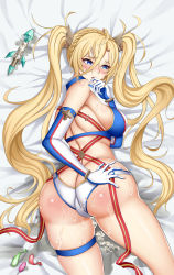 Rule 34 | 1girl, absurdres, ass, back, bare shoulders, bikini, blonde hair, blue bikini, blue eyes, blush, bradamante (fate), bradamante (third ascension) (fate), braid, breasts, butt crack, condom, crown braid, dildo, egg vibrator, elbow gloves, fate/grand order, fate (series), gloves, hair between eyes, hair ornament, hand on own ass, highres, large breasts, long hair, looking to the side, open mouth, pussy juice, red ribbon, ribbon, sex toy, sideboob, solo, swimsuit, thigh strap, thighs, twintails, two-tone bikini, used condom, very long hair, vibrator, white bikini, xiao gen