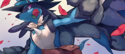 Rule 34 | bad id, bad twitter id, belt, black cape, black hat, blue bow, blue neckwear, blue rope, bow, cape, claws, clothed pokemon, commentary request, creatures (company), flower, flower in mouth, furry, game freak, gen 4 pokemon, gradient background, hat, highres, koyama miki, lucario, multicolored cape, multicolored clothes, nintendo, petals, pokemon, pokemon (creature), purple eyes, rope, rose, signature, solo