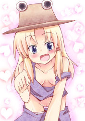 Rule 34 | 1girl, :d, altorealize, blonde hair, blue eyes, blush, breasts, cleavage, clothes pull, downblouse, female focus, hair ribbon, hat, heart, leaning forward, long hair, moriya suwako, no bra, no panties, off shoulder, open mouth, pussy, ribbon, skirt, skirt pull, smile, solo, strap slip, touhou, uncensored, undressing
