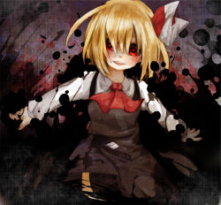 Rule 34 | 1girl, ascot, blonde hair, darkness, edo., embodiment of scarlet devil, female focus, hair ribbon, outstretched arms, red eyes, ribbon, rumia, shirt, short hair, skirt, skirt set, smile, solo, touhou, vest