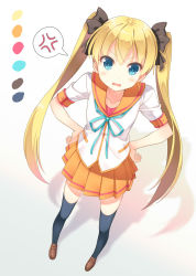 Rule 34 | 1girl, anger vein, black thighhighs, blonde hair, blue eyes, blue thighhighs, bow, fang, from above, hair bow, hair ribbon, hands on own hips, hyuuga azuri, long hair, looking at viewer, looking up, open mouth, original, pleated skirt, ribbon, school uniform, serafuku, shoes, skirt, solo, spoken anger vein, thighhighs, twintails, wavy mouth, zettai ryouiki
