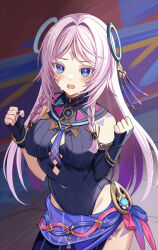 1girl black_leotard blue_eyes blush braid breasts citlali_(genshin_impact) commentary_request covered_navel cowboy_shot facial_mark floating_hair_ornament forehead_mark genshin_impact hands_up harimoji highres leotard long_hair looking_at_viewer medium_breasts open_mouth pink_hair pink_pupils ring_hair_ornament side_braids sleeve_belt solo triangle triangle_facial_mark twin_braids vision_(genshin_impact)