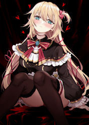 Rule 34 | 1girl, akai haato, akai haato (gothic lolita), aqua eyes, black background, blonde hair, blood, blush, bow, bowtie, breasts, cameo, capitan wei, commentary, female focus, frills, gothic lolita, haaton (akai haato), hair ribbon, heart, highres, hololive, jewelry, large breasts, lolita fashion, long hair, looking at viewer, nail polish, red nails, ribbon, simple background, sitting, solo, stitched neck, stitches, thighhighs, thighs, virtual youtuber