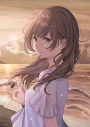 Rule 34 | 1girl, absurdres, arm at side, backlighting, beach, blouse, brown hair, cigarette, cloud, cloudy sky, commentary request, earrings, from side, hand up, highres, ibuki (ibuki0118), index finger raised, jewelry, key, long hair, looking at viewer, looking to the side, mole, mole under eye, mouth hold, ocean, original, outdoors, red eyes, sanpaku, shirt, short sleeves, sidelocks, sky, smoke, smoking, solo, sun, sunlight, sunset, upper body, water, white shirt, wristband