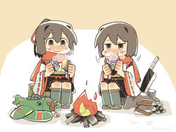 Rule 34 | 2girls, aircraft, airplane, billhook, black skirt, box, brown eyes, brown hair, campfire, chibi, commentary request, e16a zuiun, eating, firewood, food, full body, hakama, hakama short skirt, hakama skirt, highres, hyuuga (kancolle), ise (kancolle), japanese clothes, kantai collection, konno akikaze, long sleeves, multiple girls, nata (tool), pleated skirt, red scarf, ribbon-trimmed sleeves, ribbon trim, scarf, short hair, sitting, skin tight, skirt, stuffed toy, sweet potato, tree stump, undershirt, wide sleeves