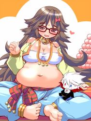 Rule 34 | 1girl, barefoot, belly, bindi, blue eyes, bow, breasts, brown eyes, brown hair, capri pants, character doll, choker, cleavage, commentary request, crop top, elephant hat, fate/extra, fate/grand order, fate (series), food, ganesha (fate), glasses, hair bow, hat, heart, heterochromia, indian style, jinako carigiri, karna (fate), large breasts, long hair, long sleeves, navel, open mouth, pants, plump, puffy sleeves, red eyes, sako (bosscoffee), sash, sitting, smile, solo, translation request, white hair