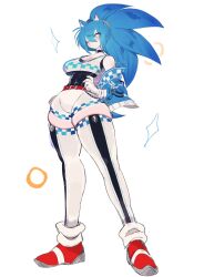 Rule 34 | 1girl, bare shoulders, belt, blue eyes, blue hair, blue jacket, blush, breasts, genderswap, genderswap (mtf), hedgehog ears, hedgehog girl, hedgehog tail, highres, humanization, jacket, large breasts, long hair, looking to the side, one eye closed, open clothes, open jacket, ponytail, shoes, sneakers, sonic (series), sonic the hedgehog, thick thighs, thighhighs, thighs, usa37107692, wide hips, zettai ryouiki