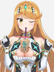 Rule 34 | 1girl, armor, bare shoulders, blonde hair, blush, breasts, bubble tea, bubble tea challenge, circlet, cleavage, cleavage cutout, clothing cutout, collarbone, cup, disposable cup, dress, drinking straw, earrings, elbow gloves, gem, gloves, grey background, jewelry, large breasts, long hair, looking at viewer, mythra (xenoblade), nemunemu semi, nintendo, one eye closed, parted lips, shoulder armor, simple background, sleeveless, sleeveless dress, smile, solo, swept bangs, upper body, v-shaped eyebrows, white dress, white gloves, xenoblade chronicles (series), xenoblade chronicles 2, yellow eyes