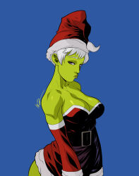 Rule 34 | 1girl, ass, blue background, breasts, cheelai, christmas, cleavage, colored skin, dragon ball, dragon ball super, dress, elbow gloves, gloves, green skin, hat, highres, large breasts, lips, msperoni, santa dress, santa hat, shiny skin, short hair, simple background, solo, standing, wide hips