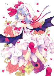 Rule 34 | 1girl, bad id, bad pixiv id, bare back, bat wings, blue hair, bow, flower, from behind, hat, hat bow, looking back, petals, red eyes, remilia scarlet, rose, sash, solo, takitarou, touhou, wings, wrist cuffs