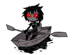 Rule 34 | 1girl, backpack, bag, black hair, boat, bodysuit, colored sclera, commentary, english commentary, kay (sea of solitude), looking at viewer, oar, red sclera, rowing, sea of solitude, setz, short hair, simple background, solo, spot color, watercraft, white background, yellow eyes