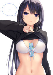 Rule 34 | 1girl, between breasts, bikini, black hair, black hoodie, breasts, clothes lift, coffee-kizoku, front-tie bikini top, front-tie top, highres, hood, hood down, hoodie, hoodie lift, lifted by self, long hair, long sleeves, looking at viewer, medium breasts, navel, object in clothes, object in swimsuit, open mouth, original, purple eyes, shiramine rika, simple background, solo, speech bubble, stomach, swimsuit, upper body, white background, white bikini