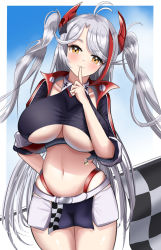Rule 34 | 1girl, absurdres, azuma (sospower73), azur lane, belt, breasts, checkered flag, clothing cutout, cropped shirt, finger to mouth, flag, highres, jacket, large breasts, long hair, microskirt, multicolored hair, navel, official alternate costume, open clothes, open jacket, panties, panty straps, prinz eugen (azur lane), prinz eugen (final lap) (azur lane), purple jacket, purple skirt, race queen, red hair, red panties, silver hair, skirt, solo, standing, streaked hair, twintails, two-tone hair, two-tone skirt, underboob, underboob cutout, underwear, very long hair, white belt, white skirt, yellow eyes