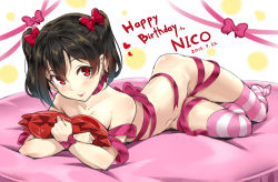 Rule 34 | 10s, 1girl, 2015, black hair, blush, bow, character name, dated, hair bow, happy birthday, light blush, looking at viewer, love live!, love live! school idol project, medium hair, naked ribbon, navel, pillow, red bow, red eyes, ribbon, shitou (1992116210), solo, striped clothes, striped thighhighs, thighhighs, tongue, tongue out, twintails, yazawa nico
