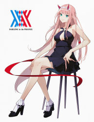 Rule 34 | 1girl, aqua eyes, black dress, black footwear, breasts, cleavage, closed mouth, collarbone, copyright name, darling in the franxx, dress, floating hair, frilled socks, frills, full body, grey background, high heels, highres, lis zhu long, long hair, medium breasts, o-ring, pink hair, pleated dress, short dress, simple background, sitting, sleeveless, sleeveless dress, socks, solo, very long hair, white socks, zero two (darling in the franxx)