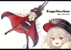 Rule 34 | 1girl, azur lane, cape, character name, closed eyes, commentary, cross, female focus, full body, fur-trimmed cape, fur trim, graf zeppelin (azur lane), hat, high heels, holding, holding weapon, iron cross, letterboxed, long hair, long sleeves, looking at viewer, military hat, multiple views, open mouth, pantyhose, red eyes, sakurai kouji, sidelocks, smile, solo, translated, weapon, white hair, zeppy (azur lane)