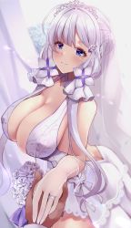 Rule 34 | 1girl, azur lane, blue eyes, blush, bouquet, breasts, bridal veil, cleavage, collar, dress, elbow gloves, flower, from side, gloves, hair ornament, hand on hand, hand rest, highres, illustrious (azur lane), illustrious (morning star of love and hope) (azur lane), jewelry, large breasts, long hair, looking at viewer, official alternate costume, ring, see-through, smile, strapless, strapless dress, twintails, veil, wedding dress, wedding ring, wee (weeyy), white flower, white hair