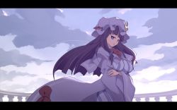 Rule 34 | 1girl, breasts, crescent, hat, large breasts, letterboxed, long hair, long sleeves, looking at viewer, patchouli knowledge, purple eyes, purple hair, shishamo@, solo, touhou