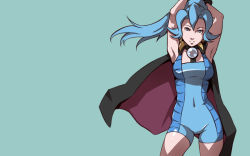 Rule 34 | 00s, 1girl, armpits, blue eyes, blue hair, cameltoe, cape, clair (pokemon), creatures (company), dave cheung, earrings, game freak, gym leader, jewelry, latex, matching hair/eyes, nintendo, pokemon, pokemon hgss, ponytail, simple background, skin tight, solo, unitard
