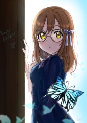 Rule 34 | 1girl, :o, artist name, artist request, blue butterfly, blue dress, blue skirt, blush, bow, breasts, brown hair, bug, butterfly, collared dress, dress, female focus, glasses, hair bow, insect, kunikida hanamaru, light brown hair, long hair, looking at viewer, love live!, love live! school idol festival, love live! sunshine!!, medium breasts, nekoneko nyako, skirt, solo, striped, striped bow, white bow, yellow eyes