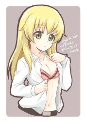 Rule 34 | 10s, 1girl, anzio school uniform, belt, blonde hair, bow, bow bra, bra, breasts, carpaccio (girls und panzer), cleavage, cropped torso, dated, dress shirt, girls und panzer, green eyes, grey background, highres, lace, lace-trimmed bra, lace trim, long hair, long sleeves, looking at viewer, medium breasts, navel, open clothes, open shirt, parda siko, parted lips, pink bra, school uniform, shirt, sketch, solo, standing, translated, twitter username, underwear, undressing, upper body, white shirt