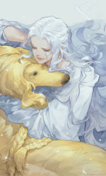 Rule 34 | 1girl, animal, animal on lap, argos (ff14), blue background, blue eyes, braid, commentary, dog, dog on lap, elbow rest, final fantasy, final fantasy xiv, from above, half-closed eyes, half updo, hand on own head, long hair, looking at animal, looking down, mamaomao-psd, on lap, robe, smile, solo, sparkle, upper body, venat (ff14), wavy hair, weibo logo, weibo watermark, white hair, white robe