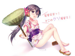 Rule 34 | &gt;:o, 10s, 1girl, :o, akebono (kancolle), apron, barefoot, bell, blush, broom, collarbone, feet, floral print, flower, full body, geta, hair bell, hair flower, hair ornament, japanese clothes, jingle bell, kantai collection, kimono, long hair, looking at viewer, maid, off shoulder, open mouth, paint musume, purple eyes, purple hair, sandals, shoes, short kimono, side ponytail, simple background, single shoe, solo, tasuki, toes, translation request, v-shaped eyebrows, very long hair, wa maid, white background