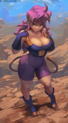 Rule 34 | 1girl, armor, bare shoulders, bike shorts, blue footwear, boots, breasts, cleavage, commission, covered navel, curvy, cutesexyrobutts, dragon ball, gloves, green eyes, highres, hip focus, large breasts, legs, long hair, looking down, original, outdoors, parted lips, purple gloves, purple hair, saiyan, short hair, signature, solo, spiked hair, sweat, tail, thick thighs, thighs, wide hips