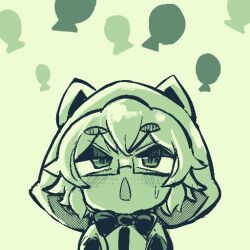 Rule 34 | 1girl, animal ears, bow, bowtie, cat ears, character request, chestnut mouth, chibi, commentary request, glasses, green background, hood, hoodie, looking up, monochrome, open mouth, original, semi-rimless eyewear, short hair, simple background, solo, sweatdrop, thick eyebrows, torotei, upper body